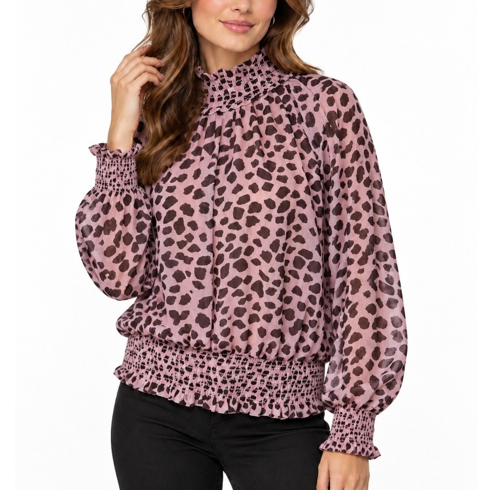 Women's Pink Brown Animal Print Blouse Size L Smocked Ruffle Neck Long Sleeve